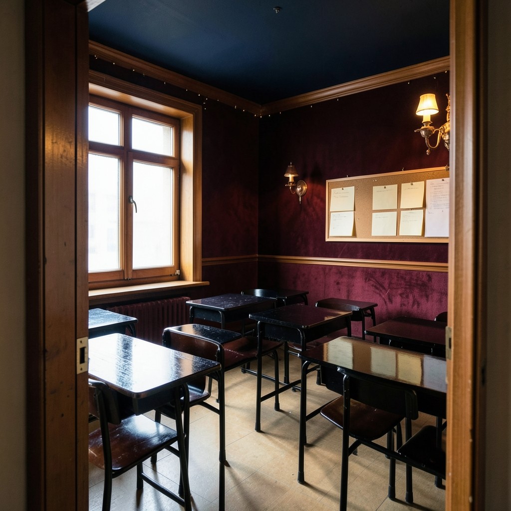 Empty classroom with dark lacquered desks, burgundy velvet walls, and a copper wall sconce