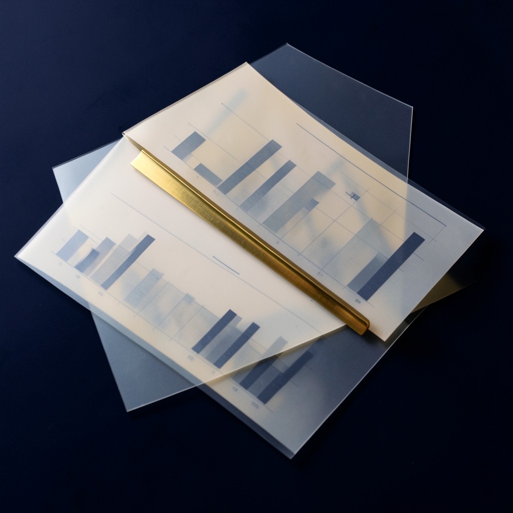 Overlapping chart sheets with abstract range marks and a brass divider on smoked glass