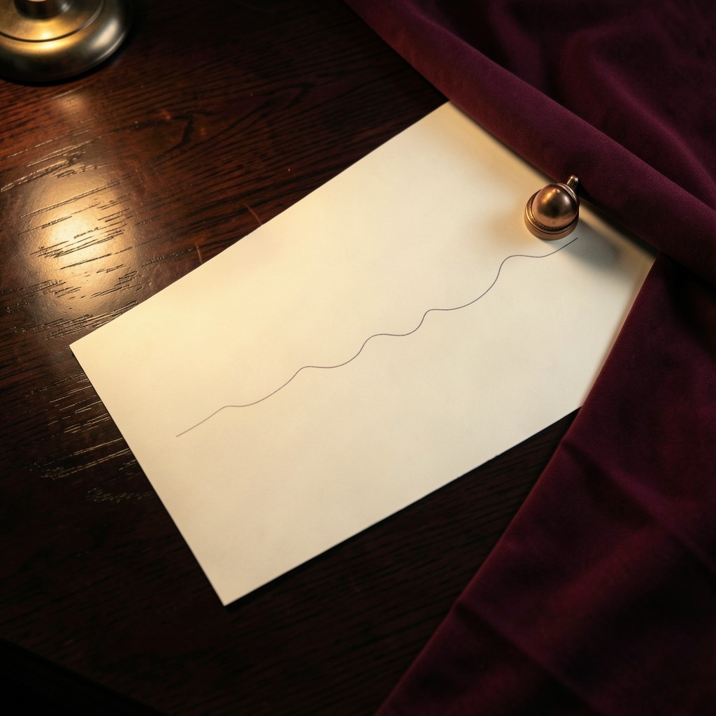 A paper chart unrolled on dark wood with a single pencil line and a copper paperweight