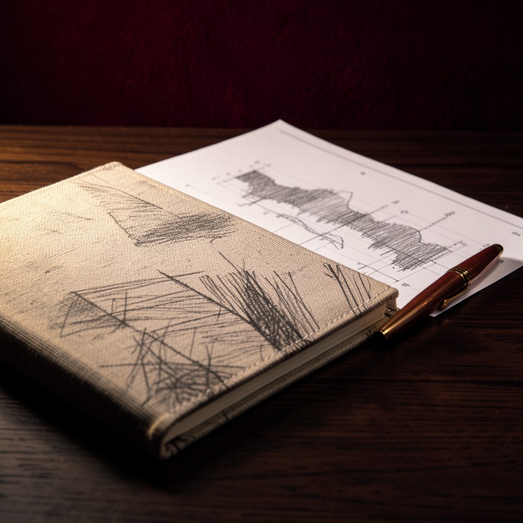 An open notebook beside a printed chart on a dark wood desk with a copper pen