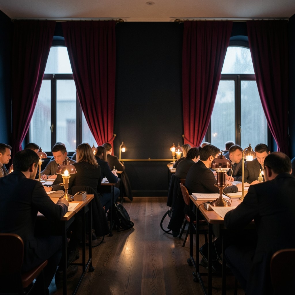 A row of adults working on paper charts in a velvet classroom lit by copper lamps