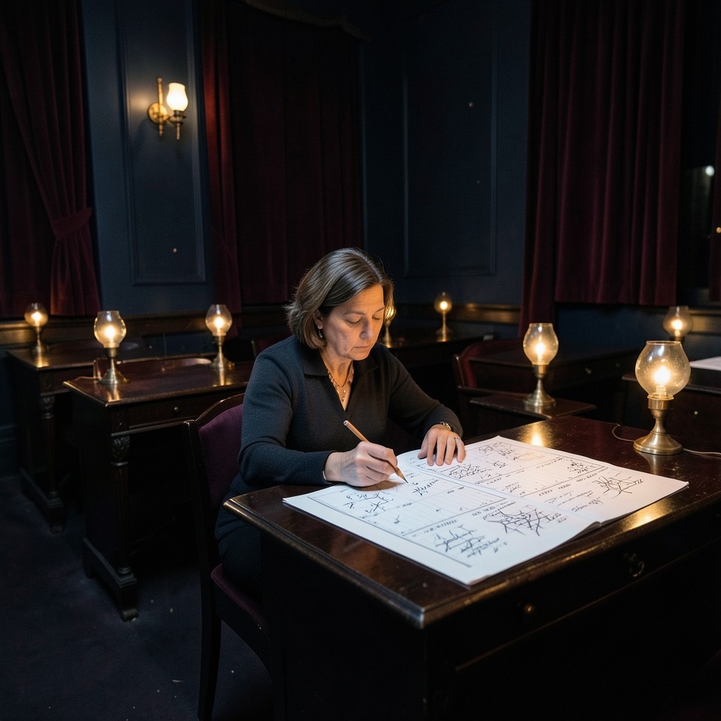 A dim velvet classroom where an adult studies printed price charts under a copper lamp