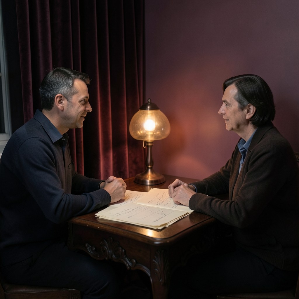 Two adults seated across a dark wood desk with a stack of annotated chart pages