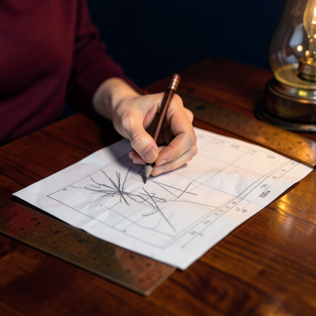 Hands marking a paper price chart with a pencil and a copper ruler