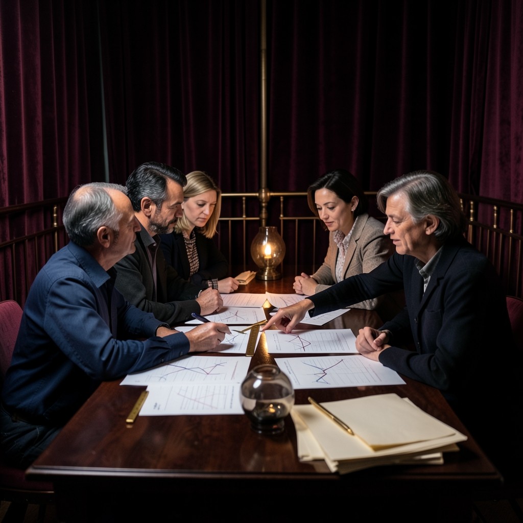 Adults gathered around a dark wood table studying printed price charts under a copper lamp