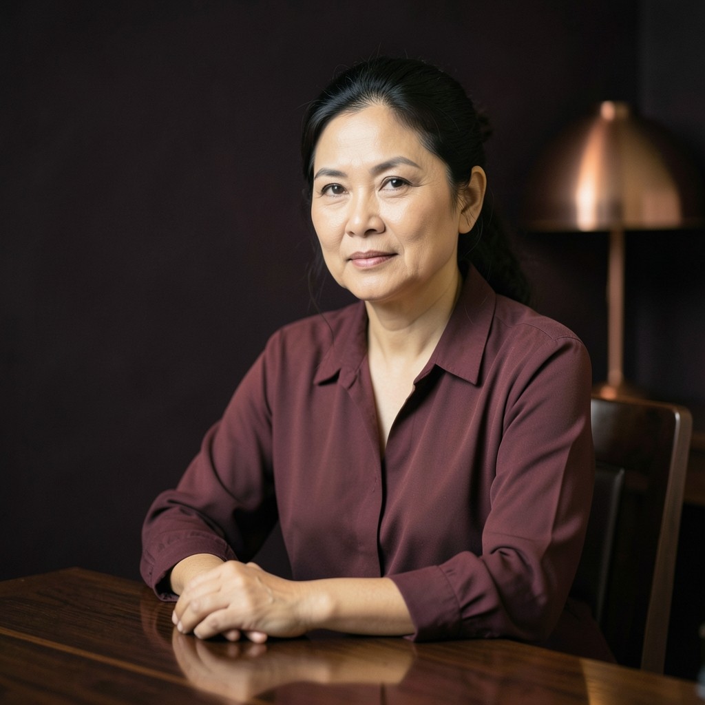 Portrait of Anong Srisawat, a woman in a burgundy blouse seated beside a dark wood desk