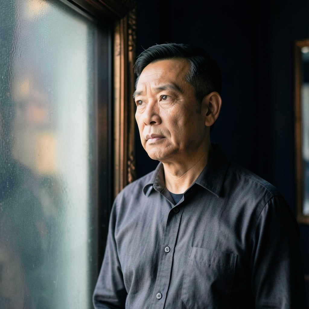 Portrait of Prasit Wongchai, a man standing near a smoked glass window in a dark room